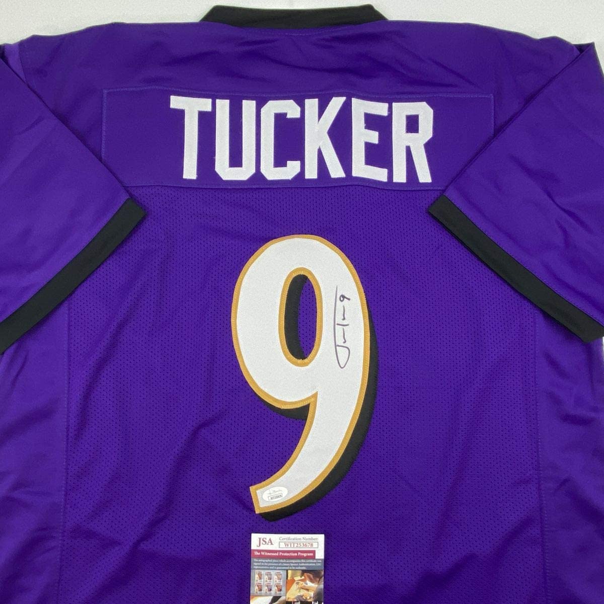autographed-signed-justin-tucker-baltimore-purple-football-jersey-jsa-coa