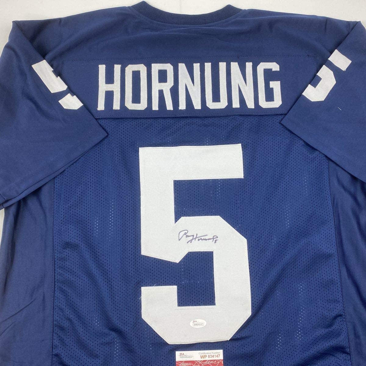 autographed-signed-paul-hornung-notre-dame-blue-college-football-jersey-jsa-coa