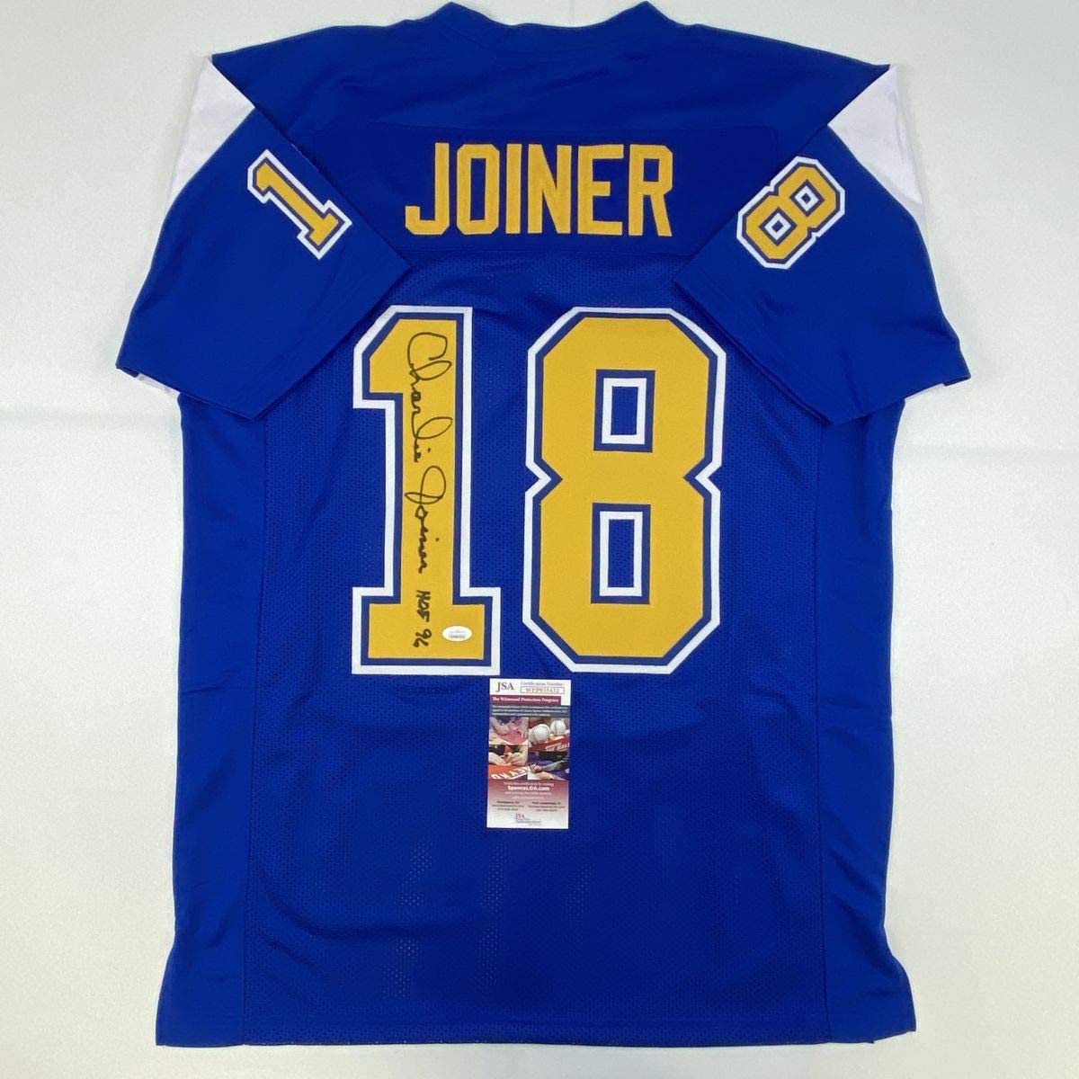 autographed-signed-charlie-joiner-hof-96-san-diego-royal-blue-yellow-football-jersey-jsa-coa