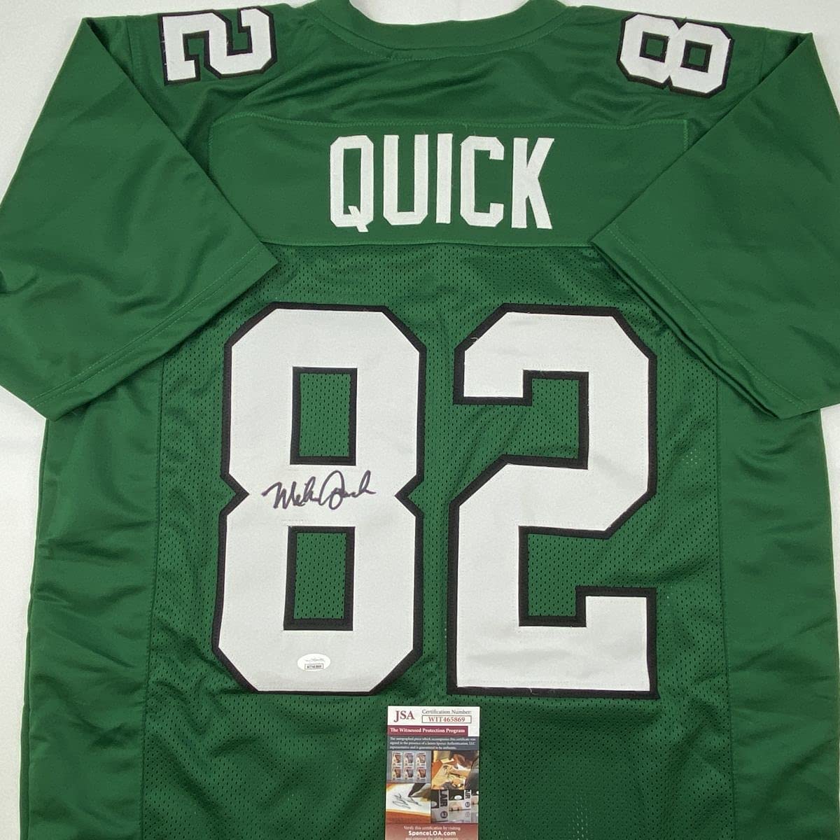 autographed-signed-mike-quick-philadelphia-kelly-green-football-jersey-jsa-coa