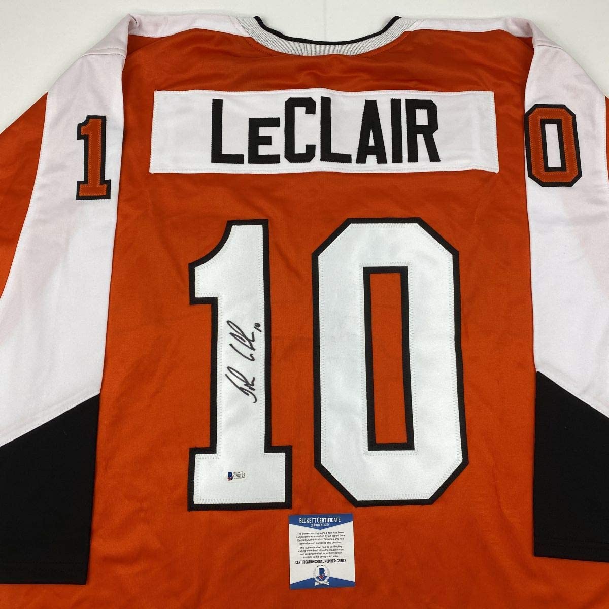 autographed-signed-john-leclair-philadelphia-orange-hockey-jersey-beckett-bas-coa