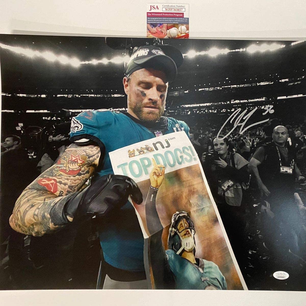 autographed-signed-chris-long-philadelphia-eagles-super-bowl-lii-52-champions-16x20-football-photo-jsa-coa