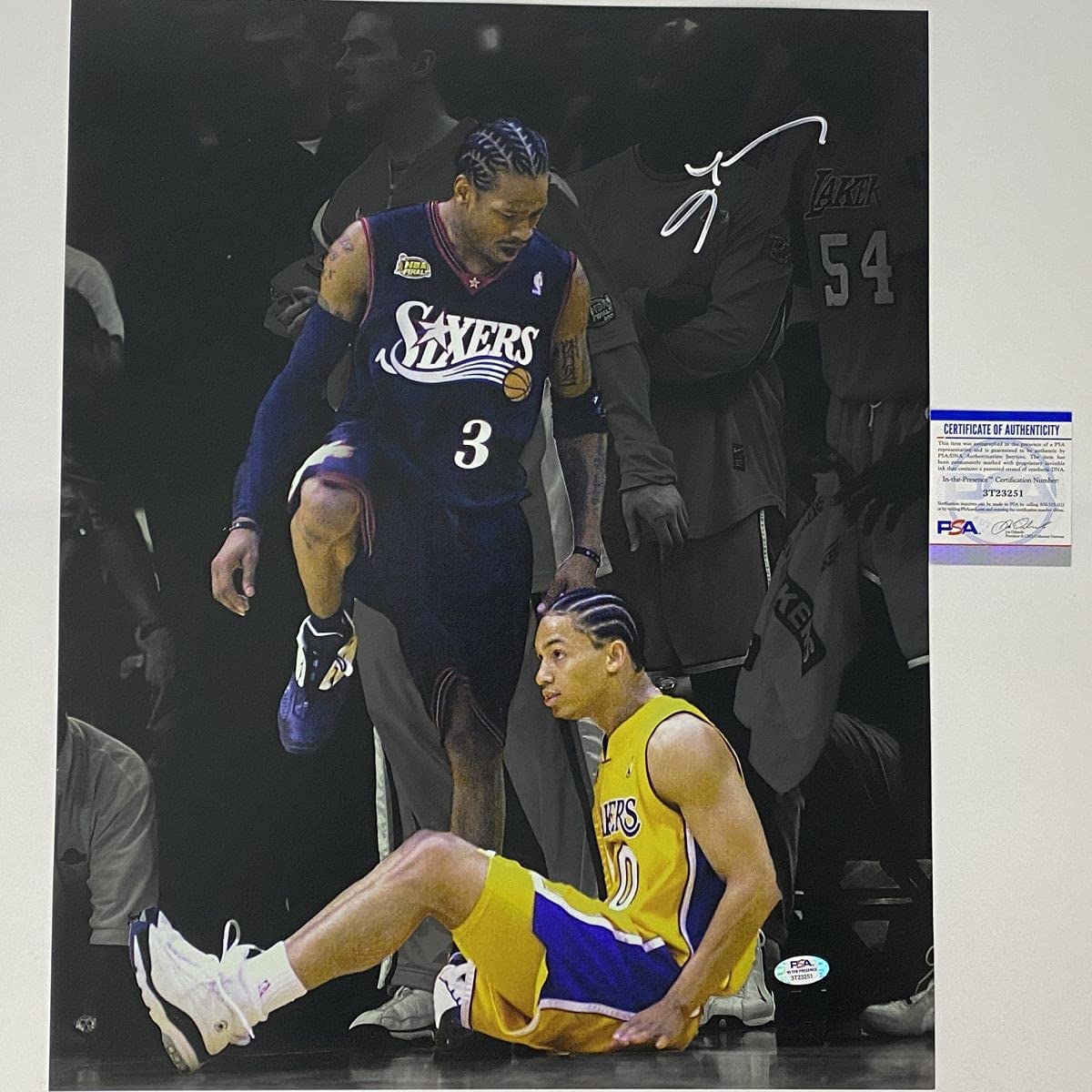 autographed-signed-allen-iverson-spotlight-tyronn-lou-step-over-philadelphia-76ers-sixers-16x20-basketball-photo-psa-dna-coa