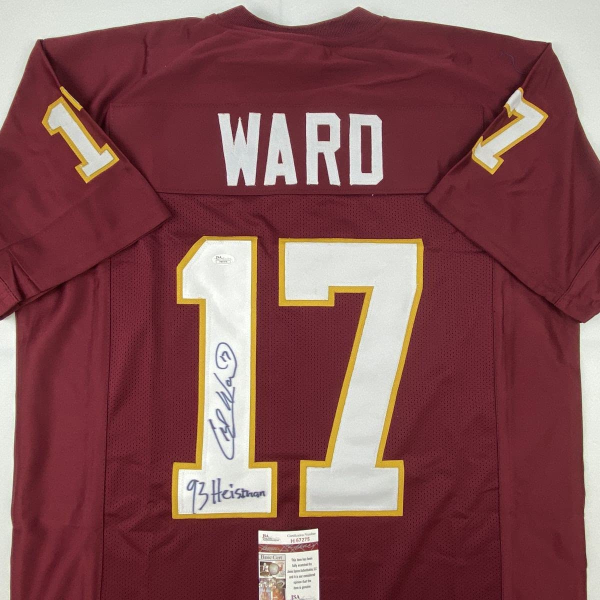 autographed-signed-charlie-ward-93-heisman-florida-state-fsu-maroon-college-football-jersey-jsa-coa