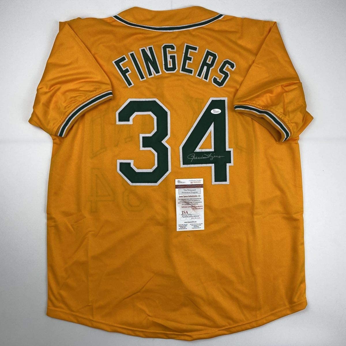 autographed-signed-rollie-fingers-oakland-yellow-baseball-jersey-jsa-coa