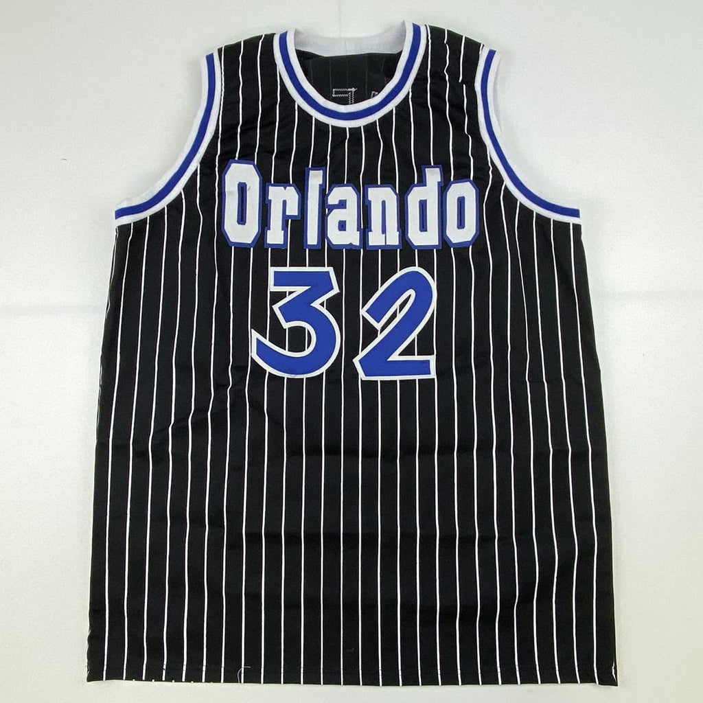 autographed-signed-shaquille-shaq-oneal-orlando-black-pinstripe-basketball-jersey-beckett-bas-coa