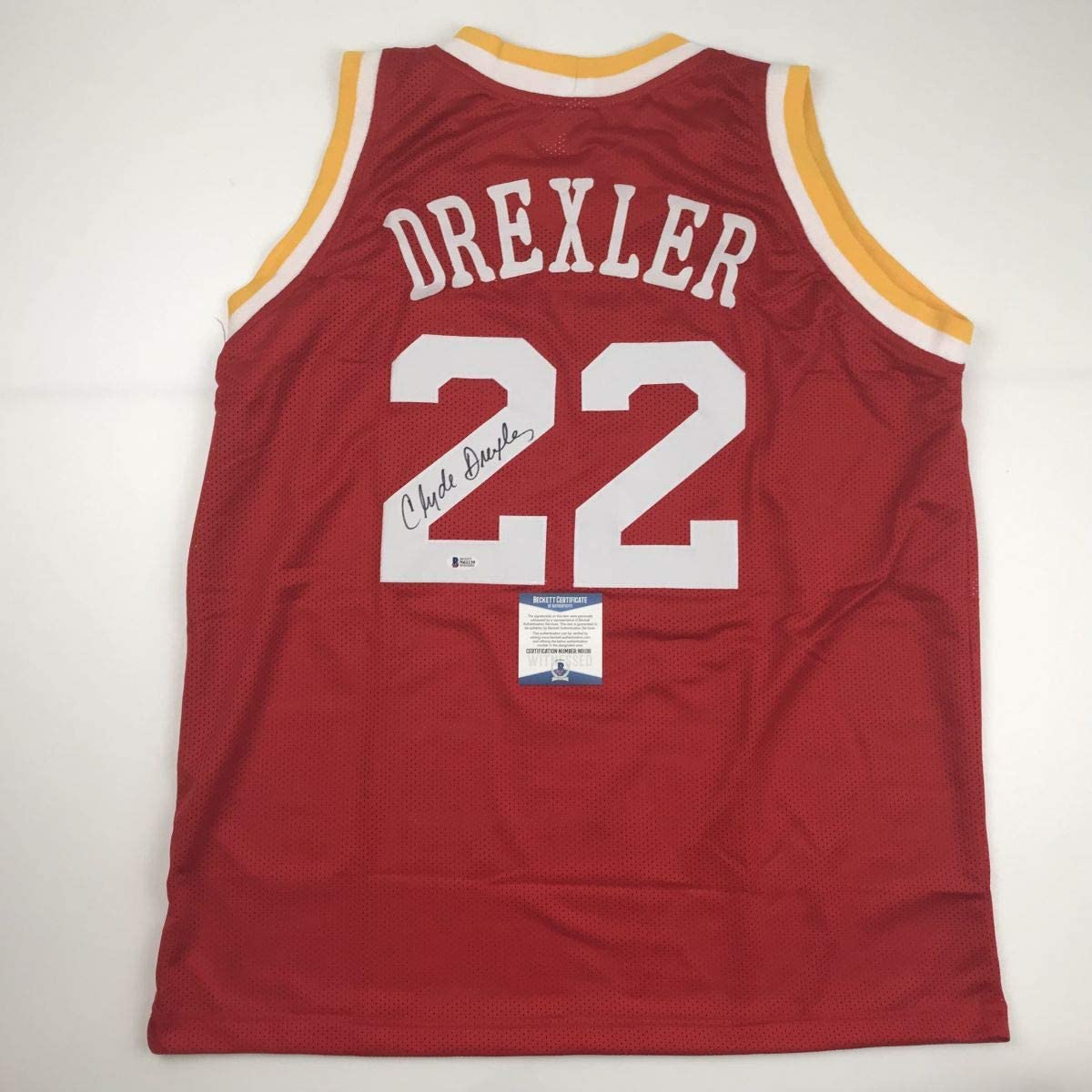 autographed-signed-clyde-drexler-houston-red-basketball-jersey-beckett-bas-coa