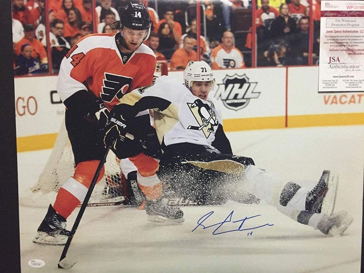 autographed-signed-sean-couturier-vs-evgeni-malkin-16x20-philadelphia-flyers-hockey-photo-jsa-coa