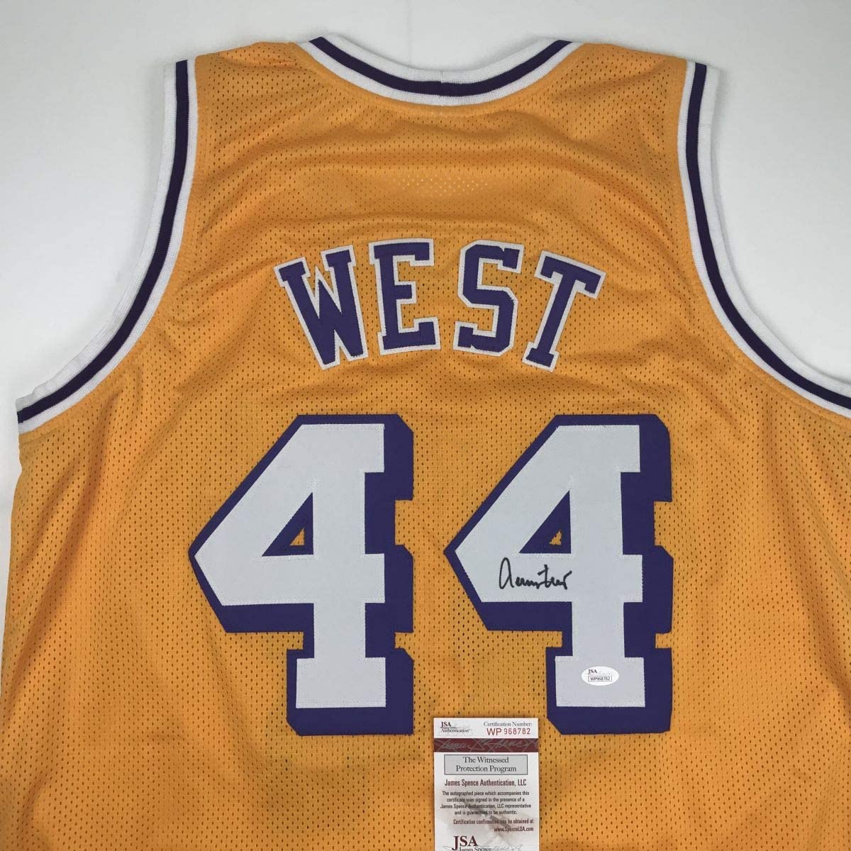 autographed-signed-jerry-west-los-angeles-la-yellow-basketball-jersey-jsa-coa