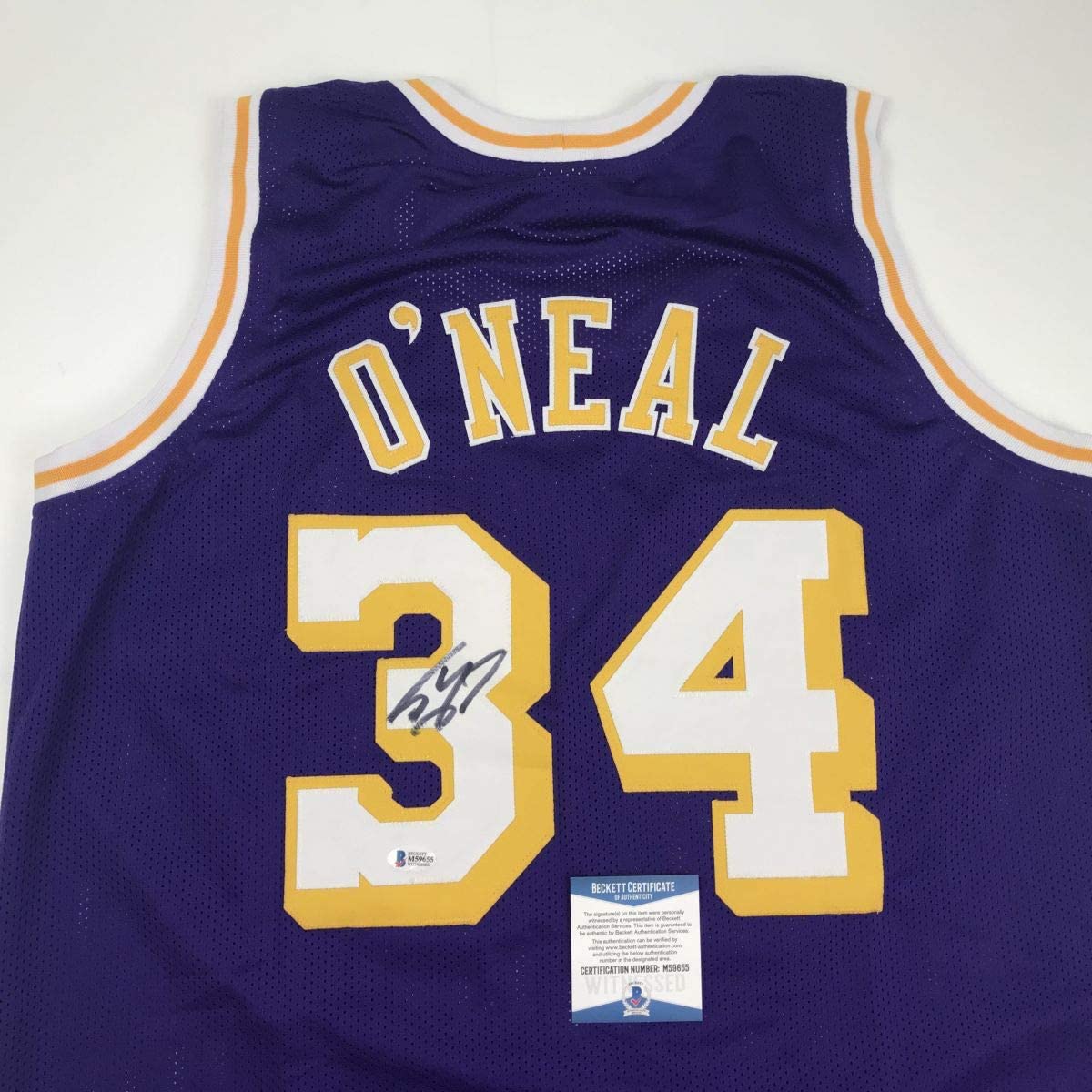 autographed-signed-shaquille-shaq-oneal-los-angeles-la-purple-basketball-jersey-beckett-bas-coa