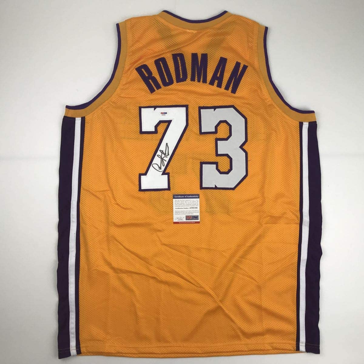 autographed-signed-dennis-rodman-los-angeles-la-yellow-basketball-jersey-psa-dna-coa