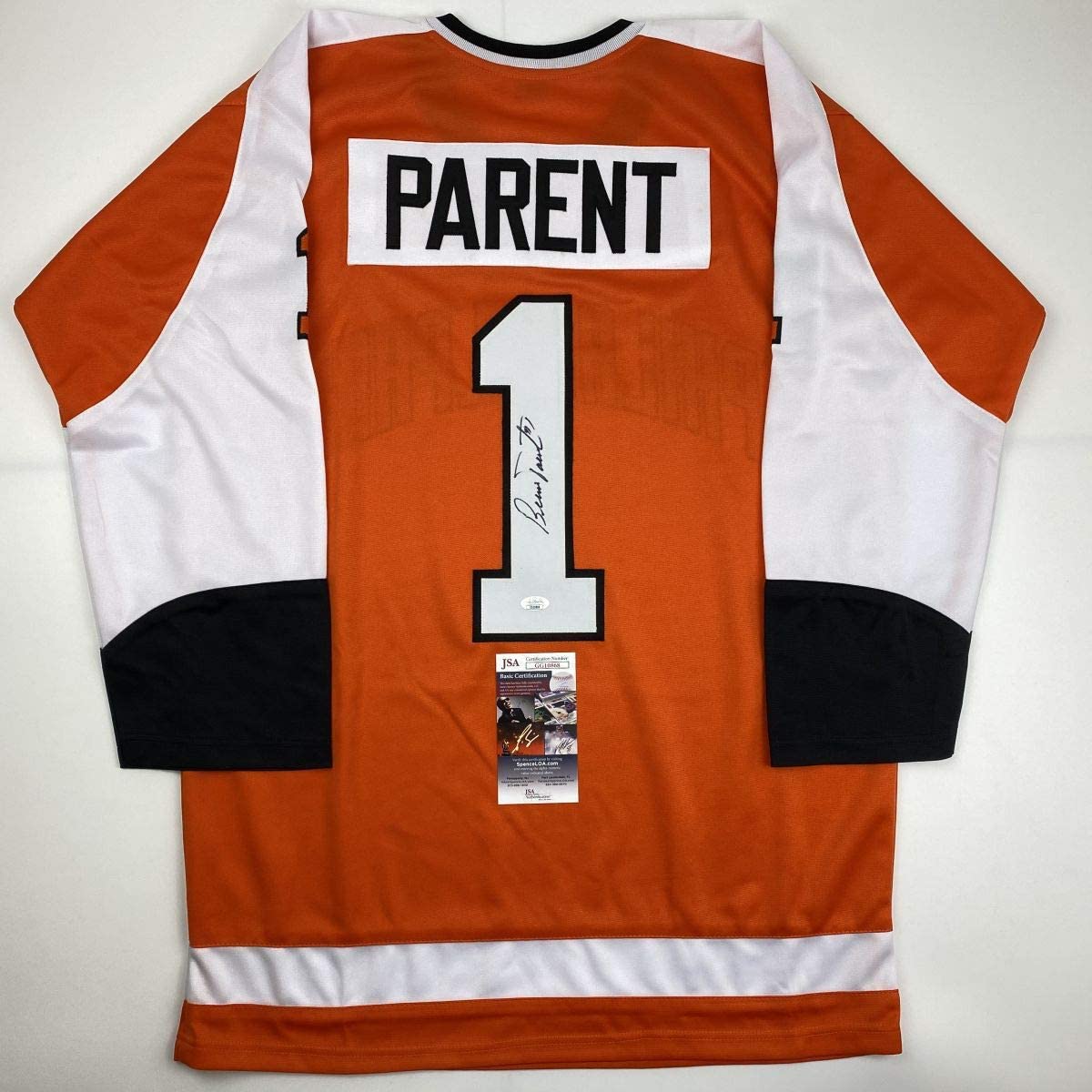 autographed-signed-bernie-parent-philadelphia-orange-hockey-jersey-jsa-coa