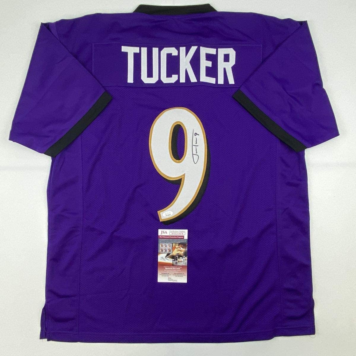 autographed-signed-justin-tucker-baltimore-purple-football-jersey-jsa-coa