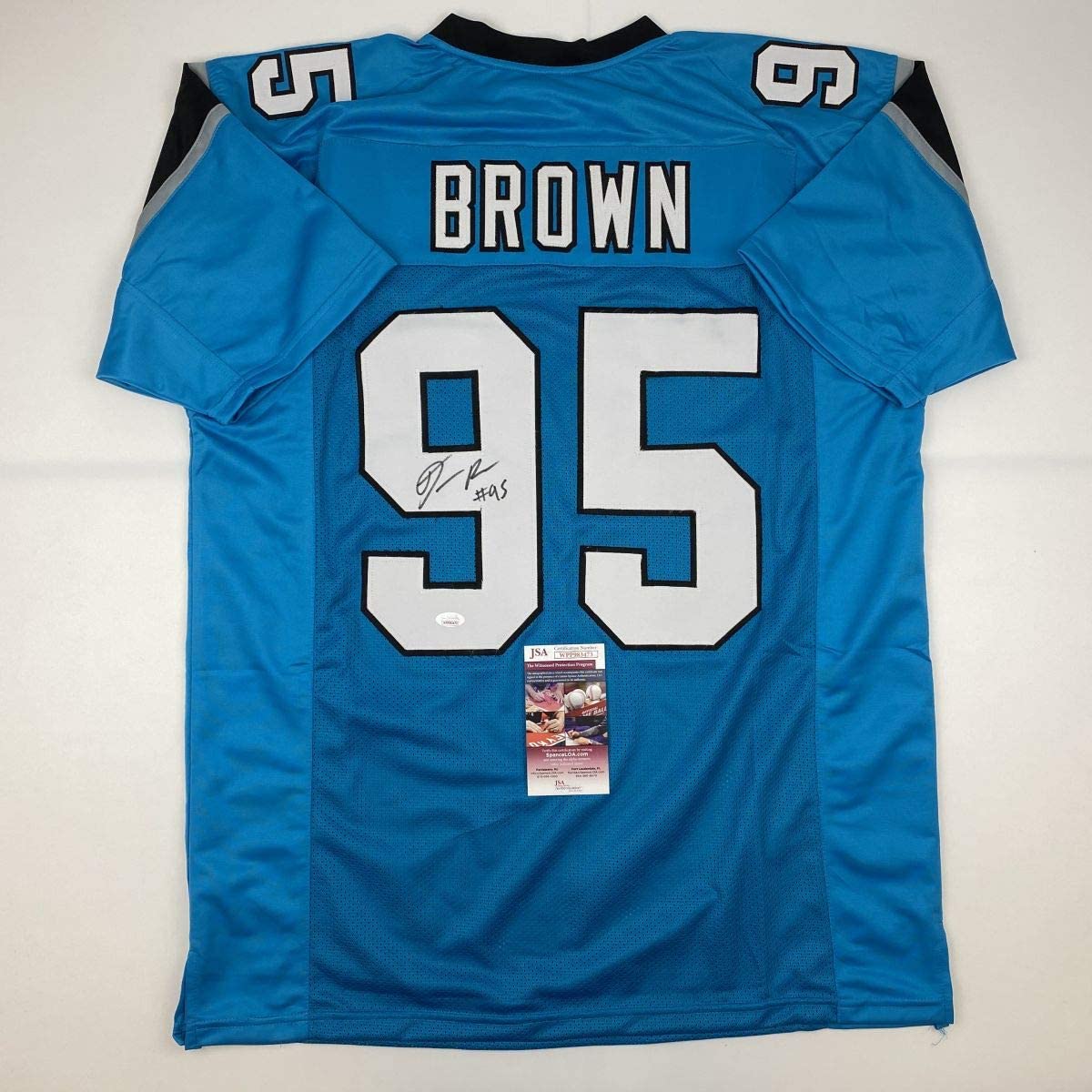 autographed-signed-derrick-brown-carolina-blue-football-jersey-jsa-coa