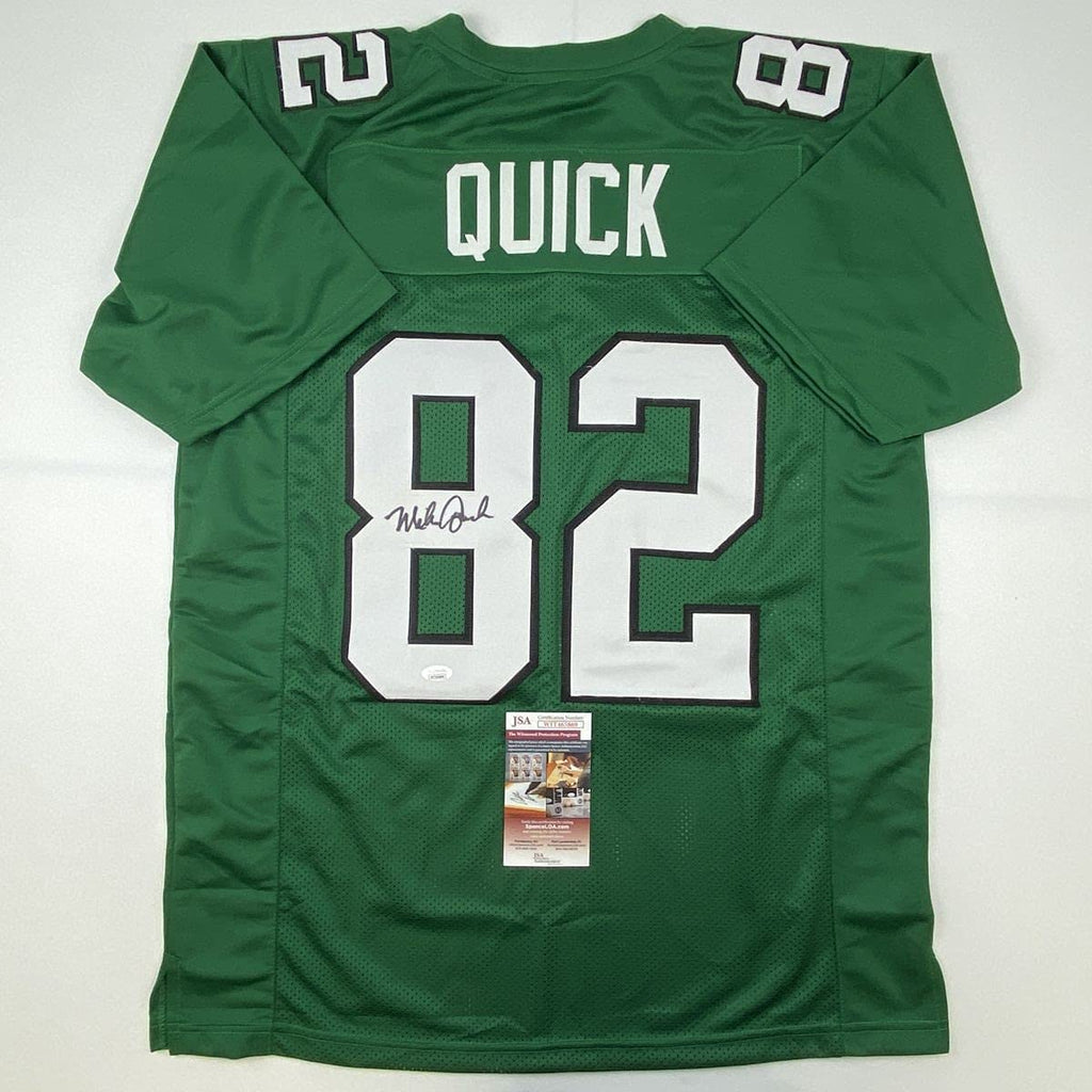autographed-signed-mike-quick-philadelphia-kelly-green-football-jersey-jsa-coa