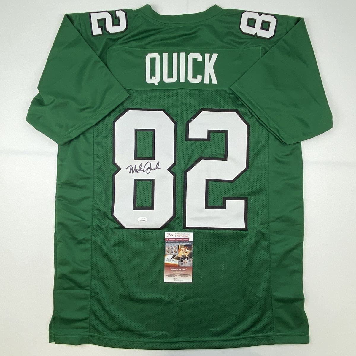 autographed-signed-mike-quick-philadelphia-kelly-green-football-jersey-jsa-coa