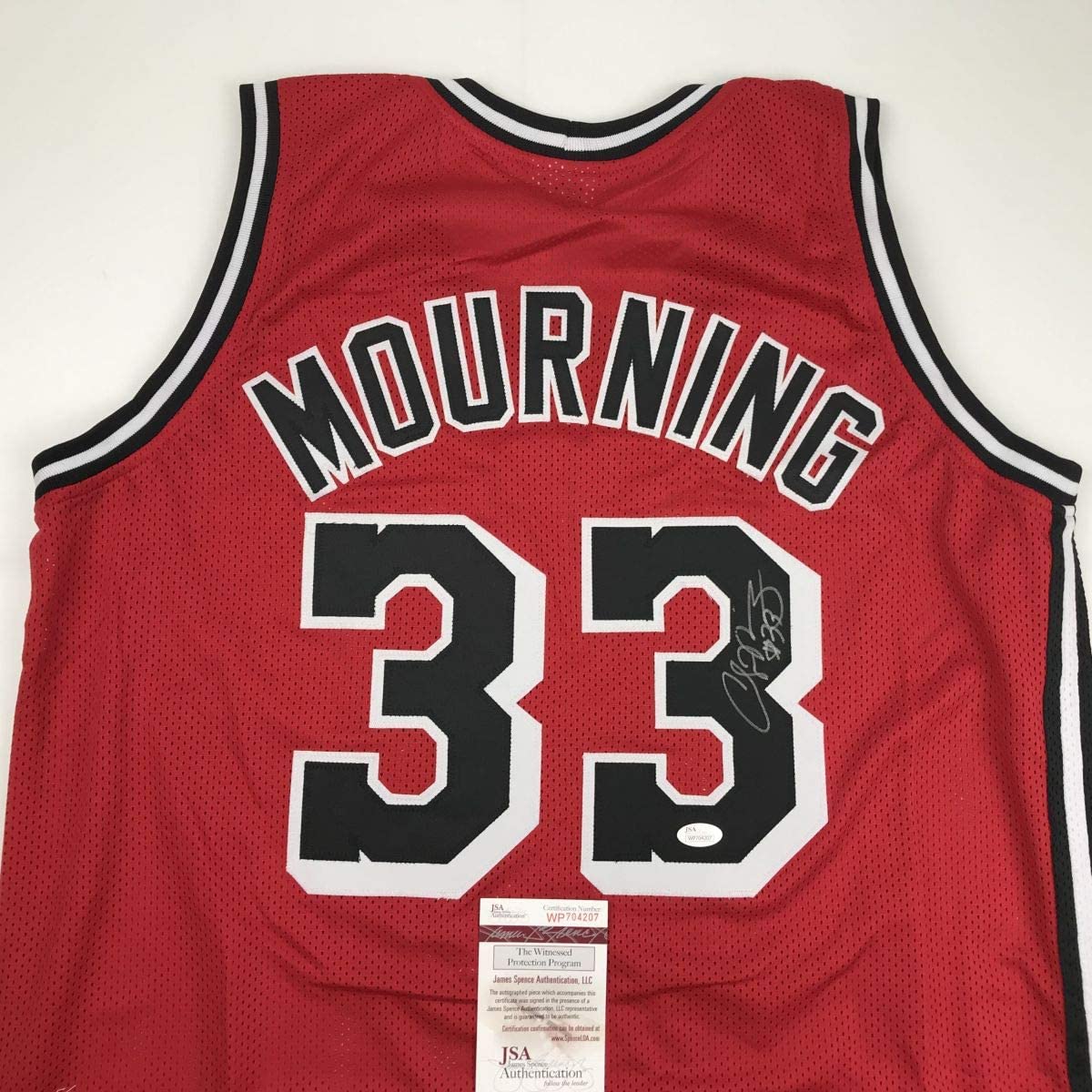 autographed-signed-alonzo-mourning-miami-red-basketball-jersey-jsa-coa