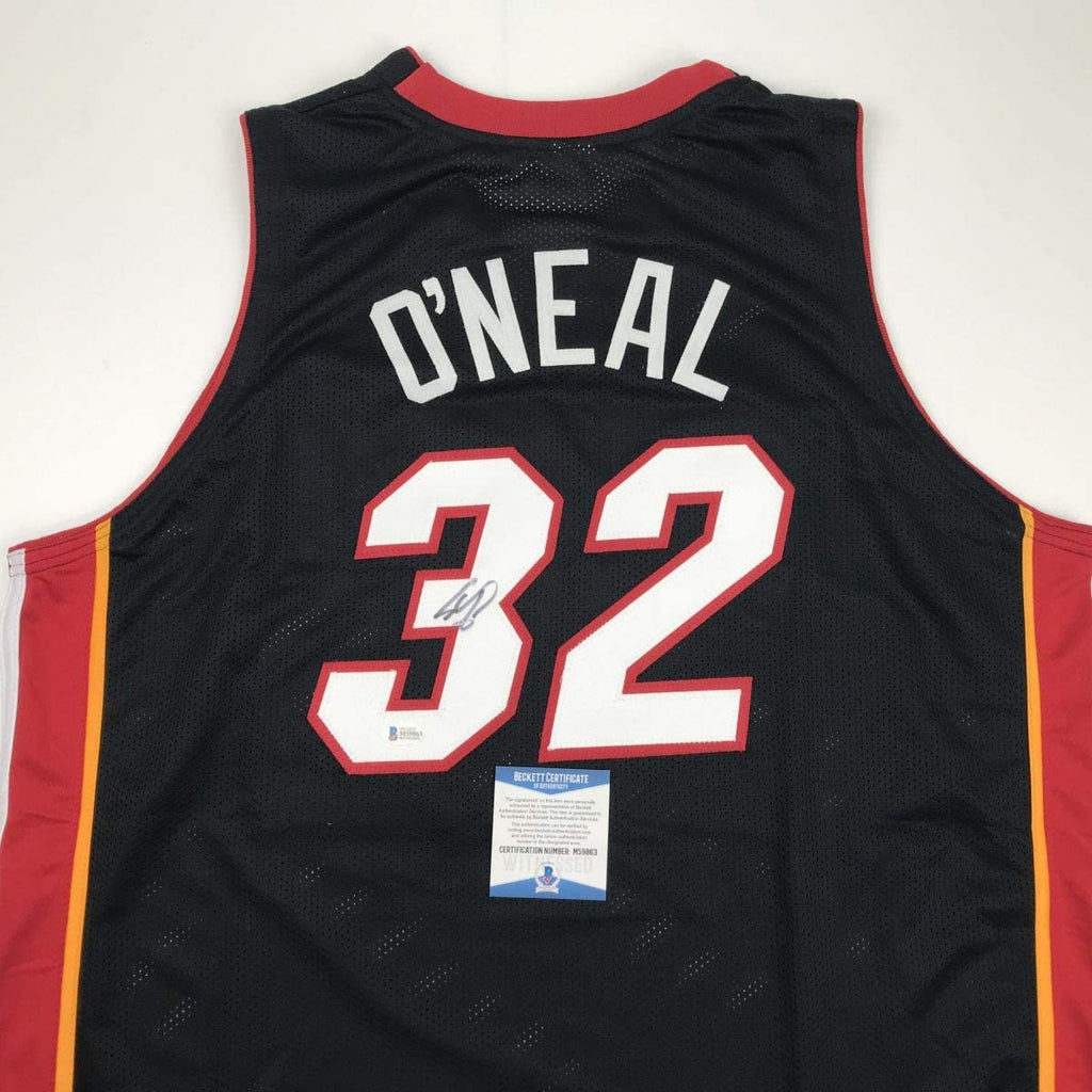 autographed-signed-shaquille-shaq-oneal-miami-black-basketball-jersey-beckett-bas-coa