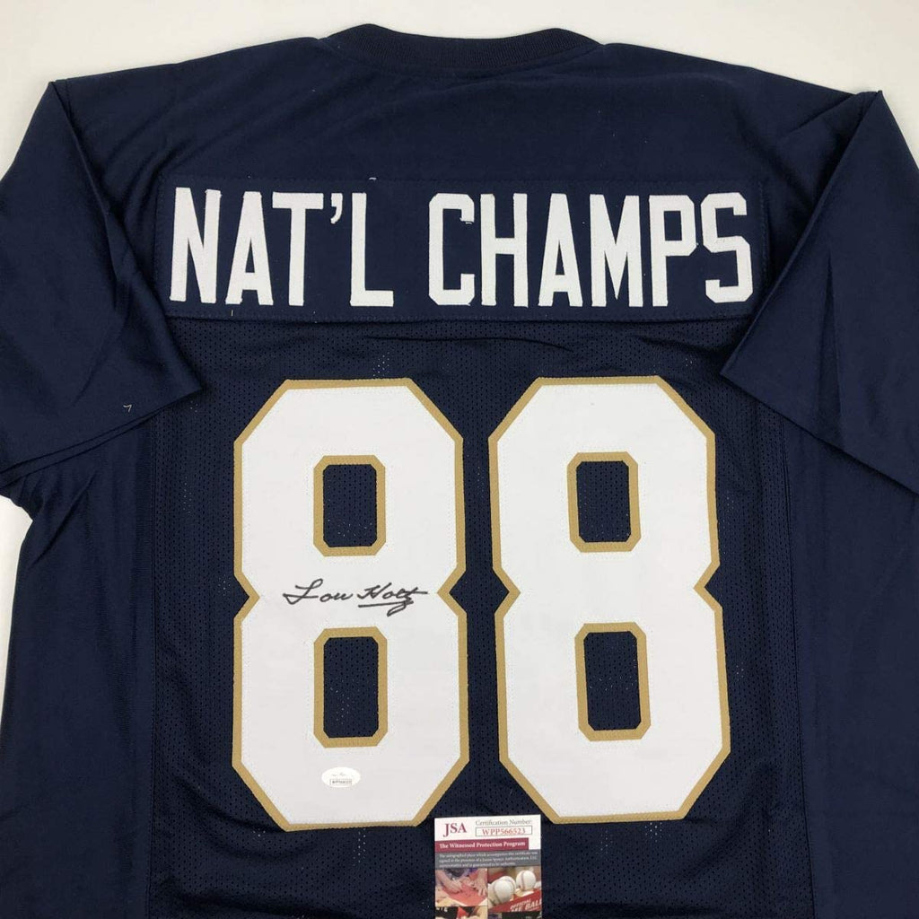 autographed-signed-lou-holtz-1988-national-champs-notre-dame-blue-college-football-jersey-jsa-coa