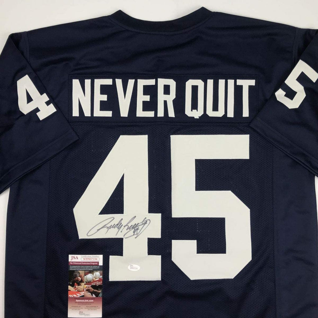 autographed-signed-rudy-ruettiger-never-quit-notre-dame-blue-college-football-jersey-jsa-coa