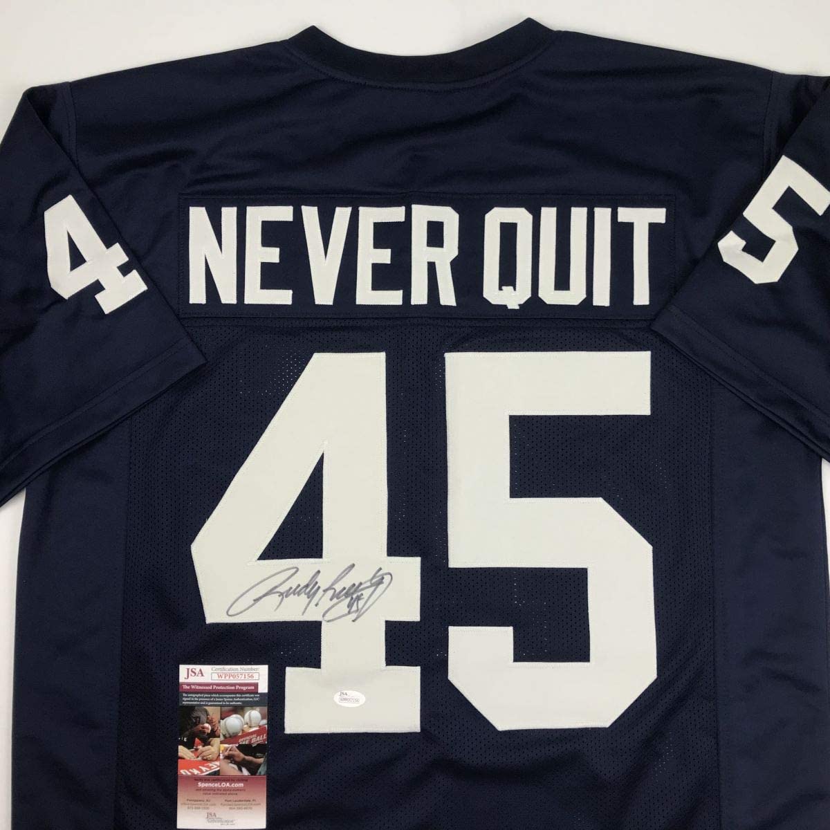 autographed-signed-rudy-ruettiger-never-quit-notre-dame-blue-college-football-jersey-jsa-coa