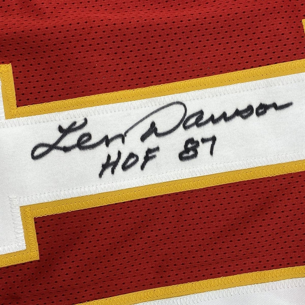 autographed-signed-len-dawson-hof-87-kansas-city-red-football-jersey-jsa-coa