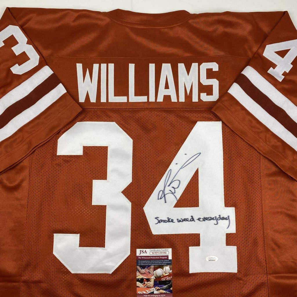autographed-signed-ricky-williams-smoke-weed-everyday-inscription-texas-orange-college-football-jersey-jsa-coa