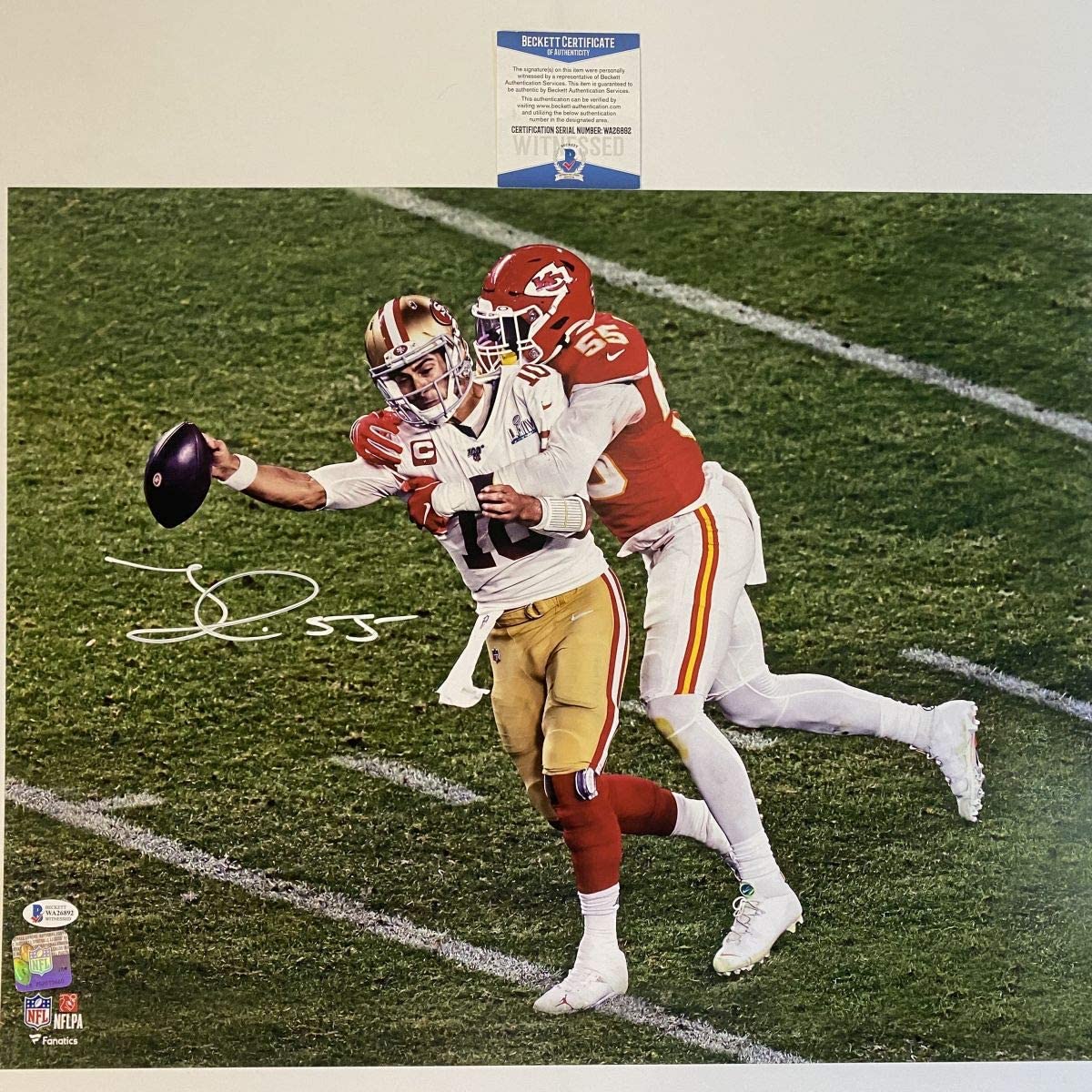 autographed-signed-frank-clark-super-bowl-liv-sack-kansas-city-chiefs-16x20-football-photo-beckett-bas-coa