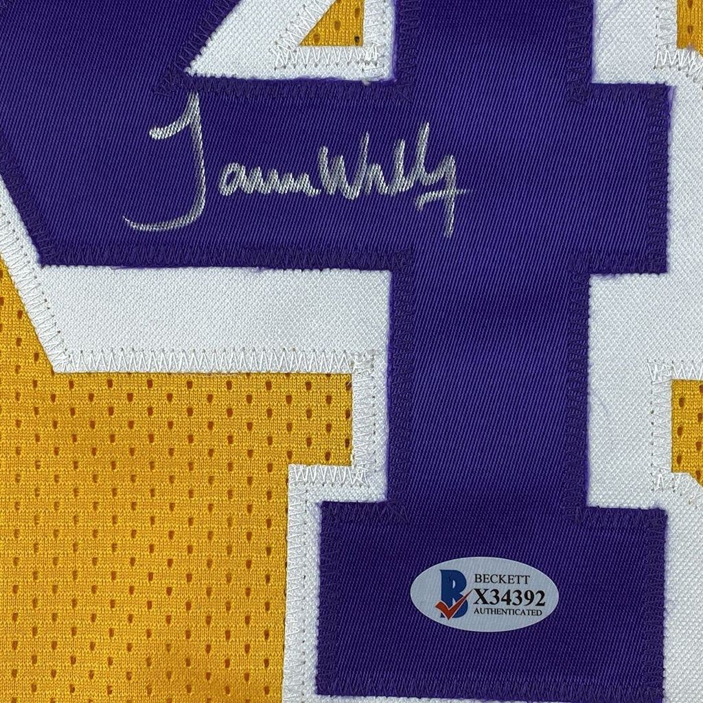 autographed-signed-james-worthy-los-angeles-la-yellow-basketball-jersey-beckett-bas-coa