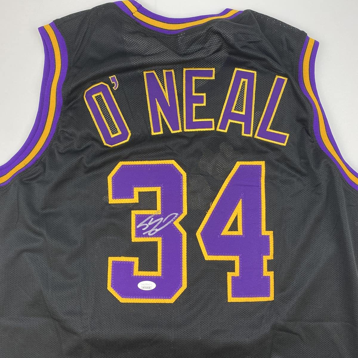 autographed-signed-shaquille-shaq-oneal-los-angeles-la-black-basketball-jersey-jsa-coa
