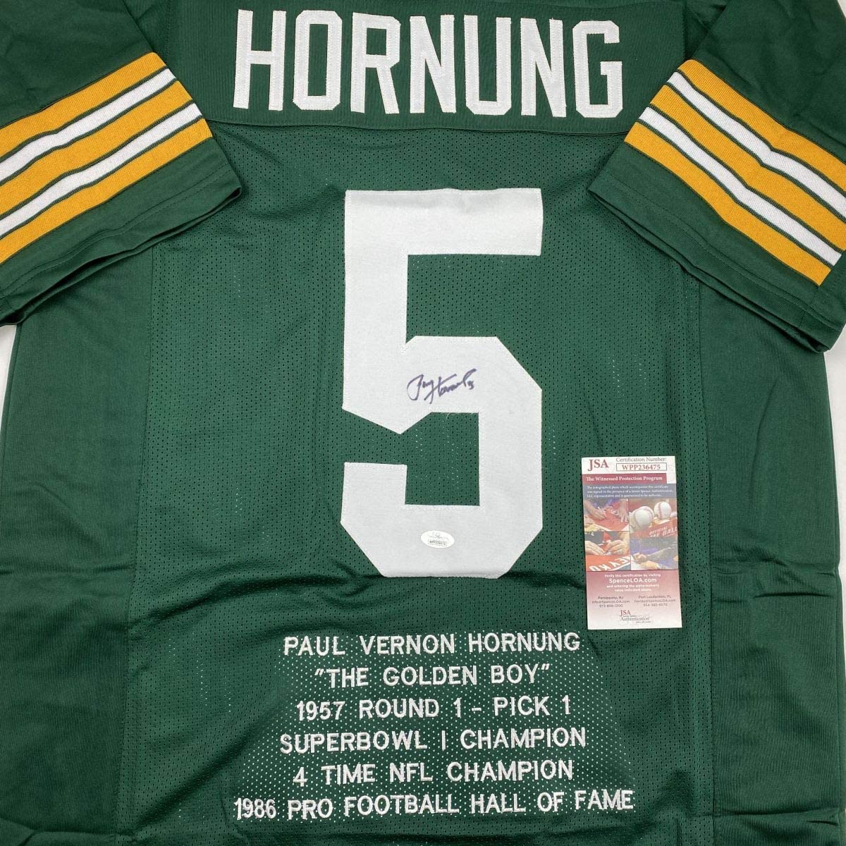 autographed-signed-paul-hornung-green-bay-green-stat-football-jersey-jsa-coa