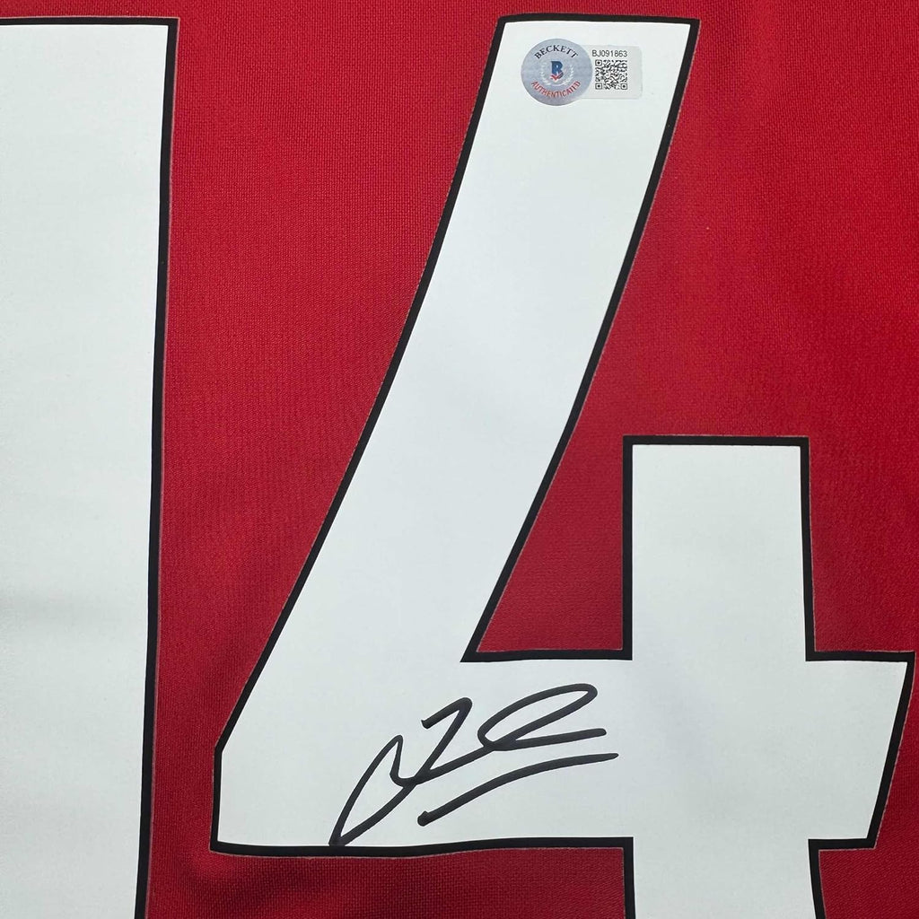 Framed Autographed/Signed Jordan Henderson 35x39 Liverpool Red Soccer Jersey Beckett BAS COA