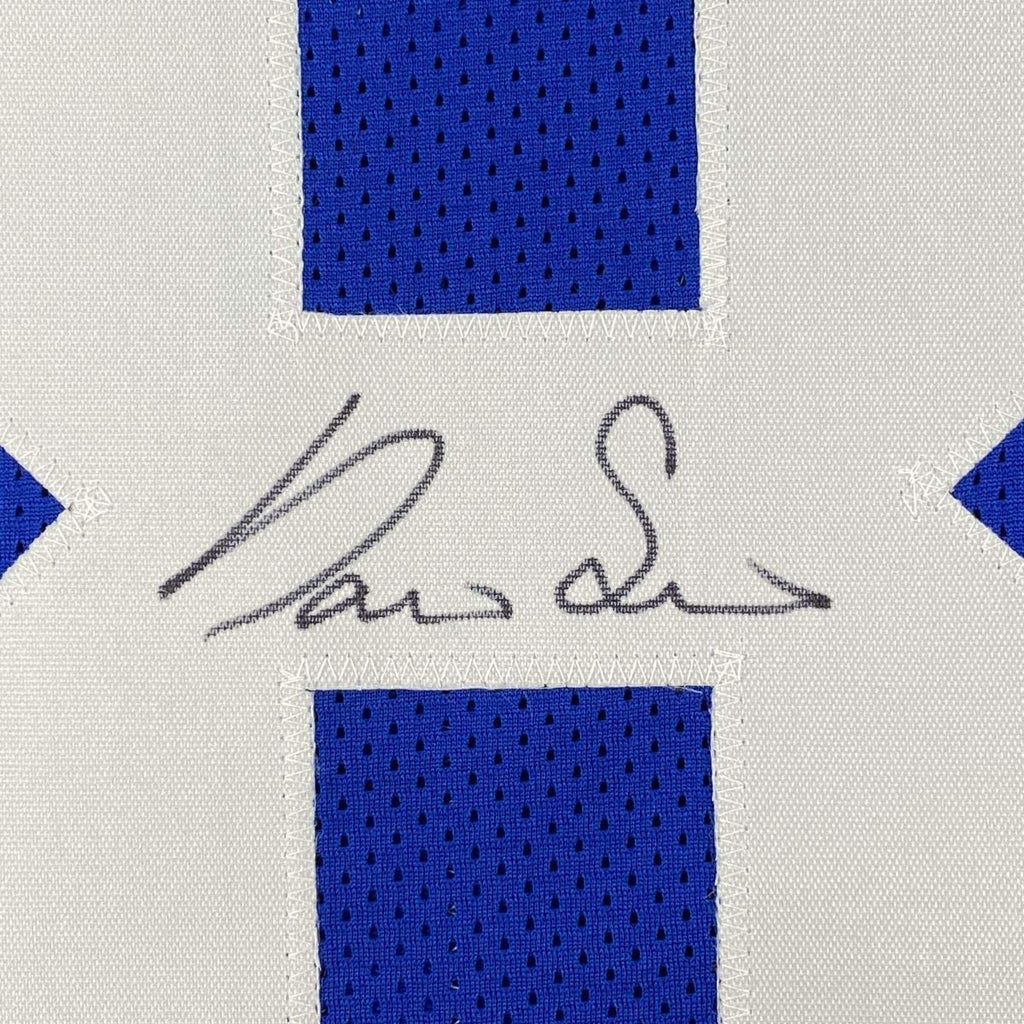 Framed Autographed/Signed Darius Slayton 35x39 New York Blue Football Jersey JSA COA