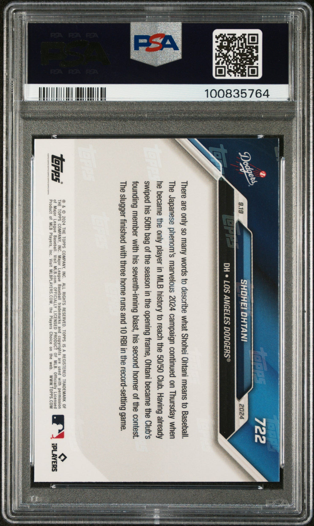 Graded 2024 Topps Now Shohei Ohtani #722 1st 50/50 Player in MLB History Baseball Card PSA 10 Gem Mint