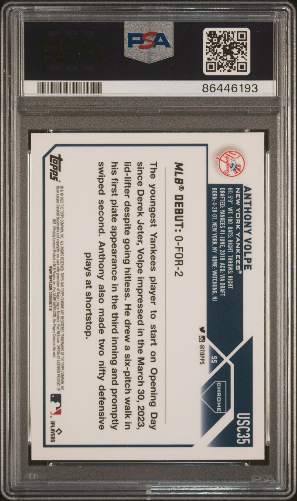 Graded 2023 Topps Chrome Update Anthony Volpe #USC35 Rookie RC Baseball Card PSA 10 Gem Mint