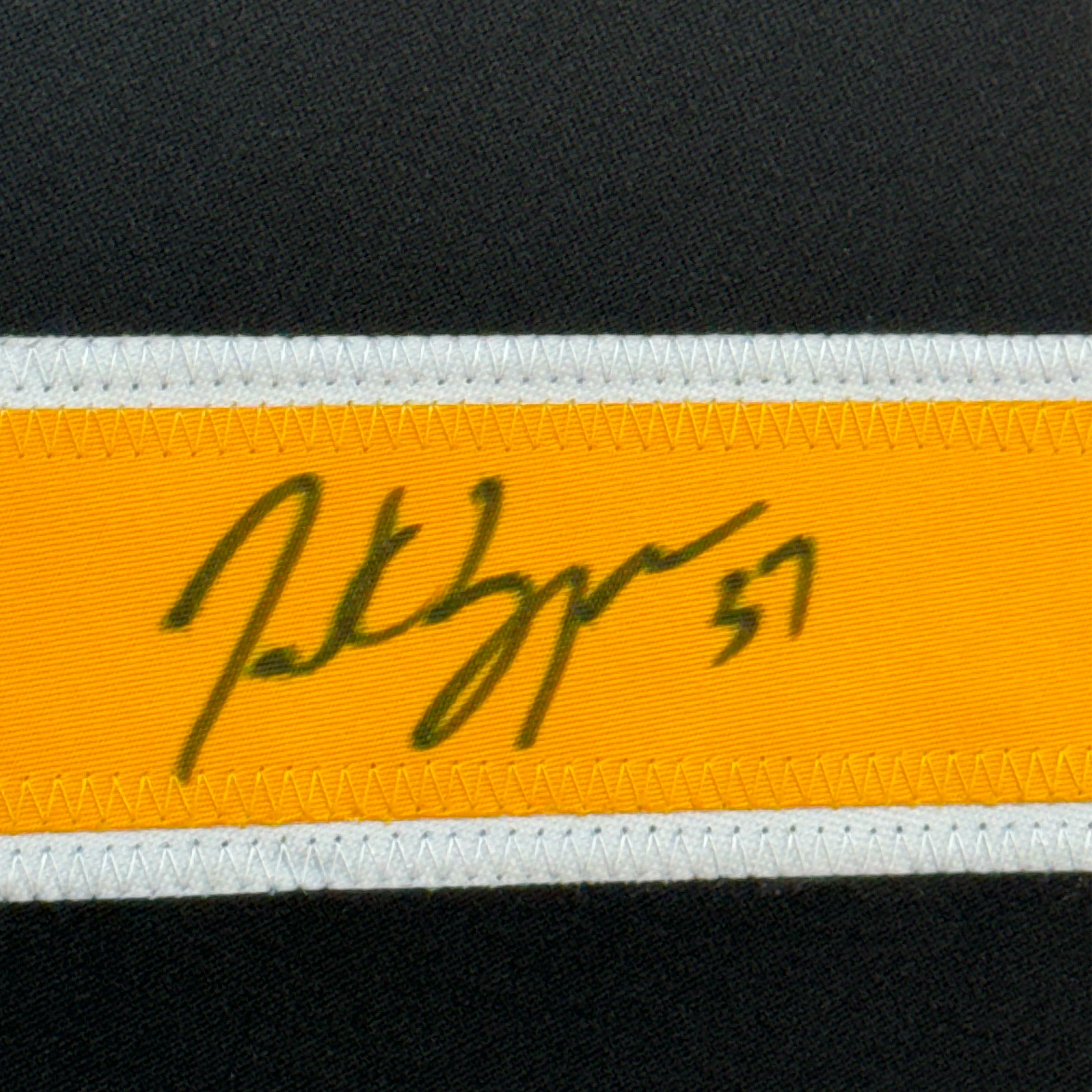 Framed Autographed/Signed Patrice Bergeron 35x39 Boston Black Hockey Jersey JSA COA
