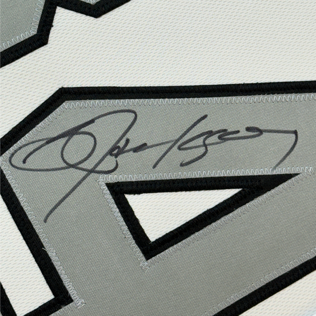 Framed Autographed/Signed Bo Jackson 35x39 Oakland White Color Rush Football Jersey JSA COA