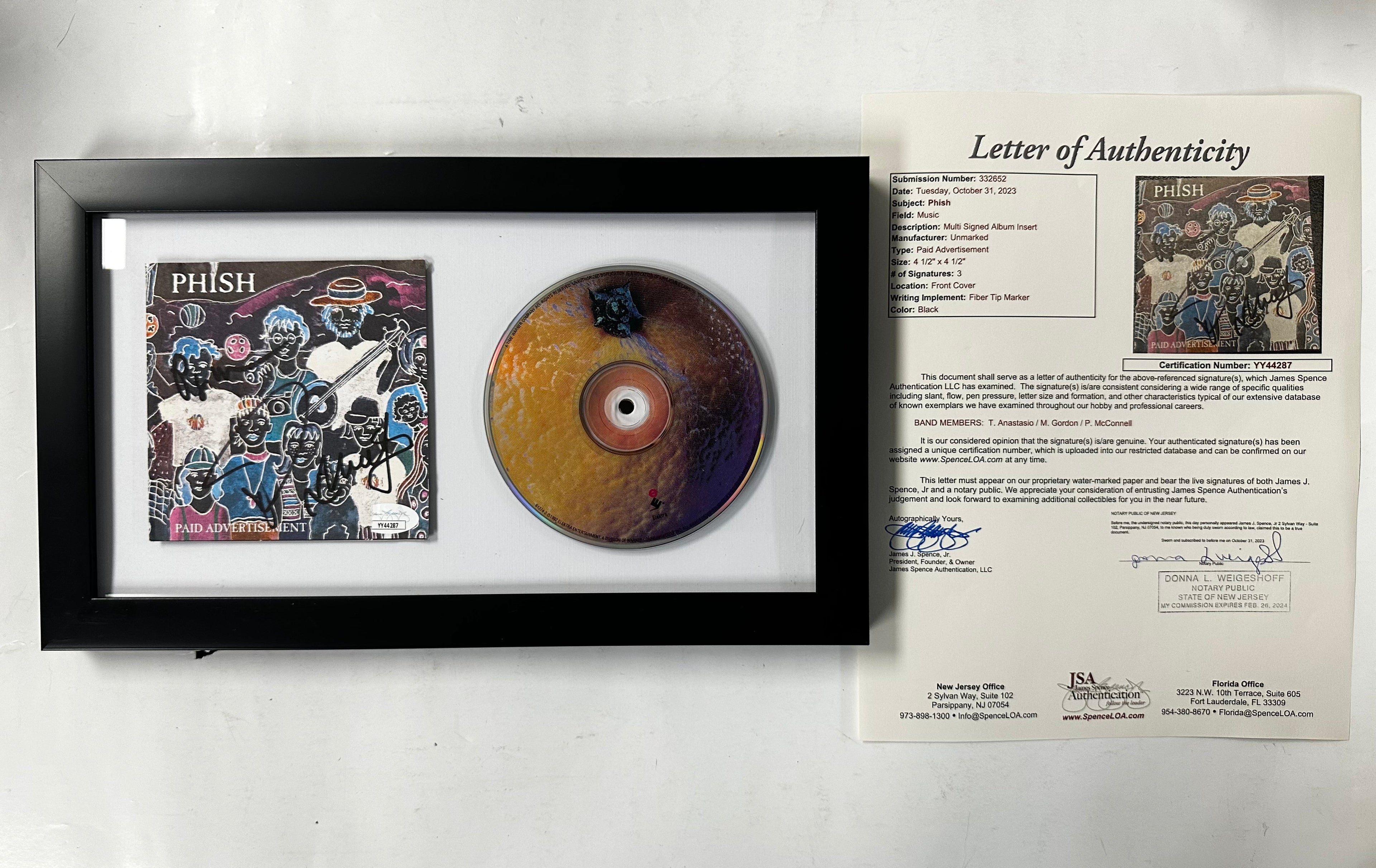 Phish (Trey Anastasio, Page & Mike) Signed Paid Advertisement Framed CD JSA COA