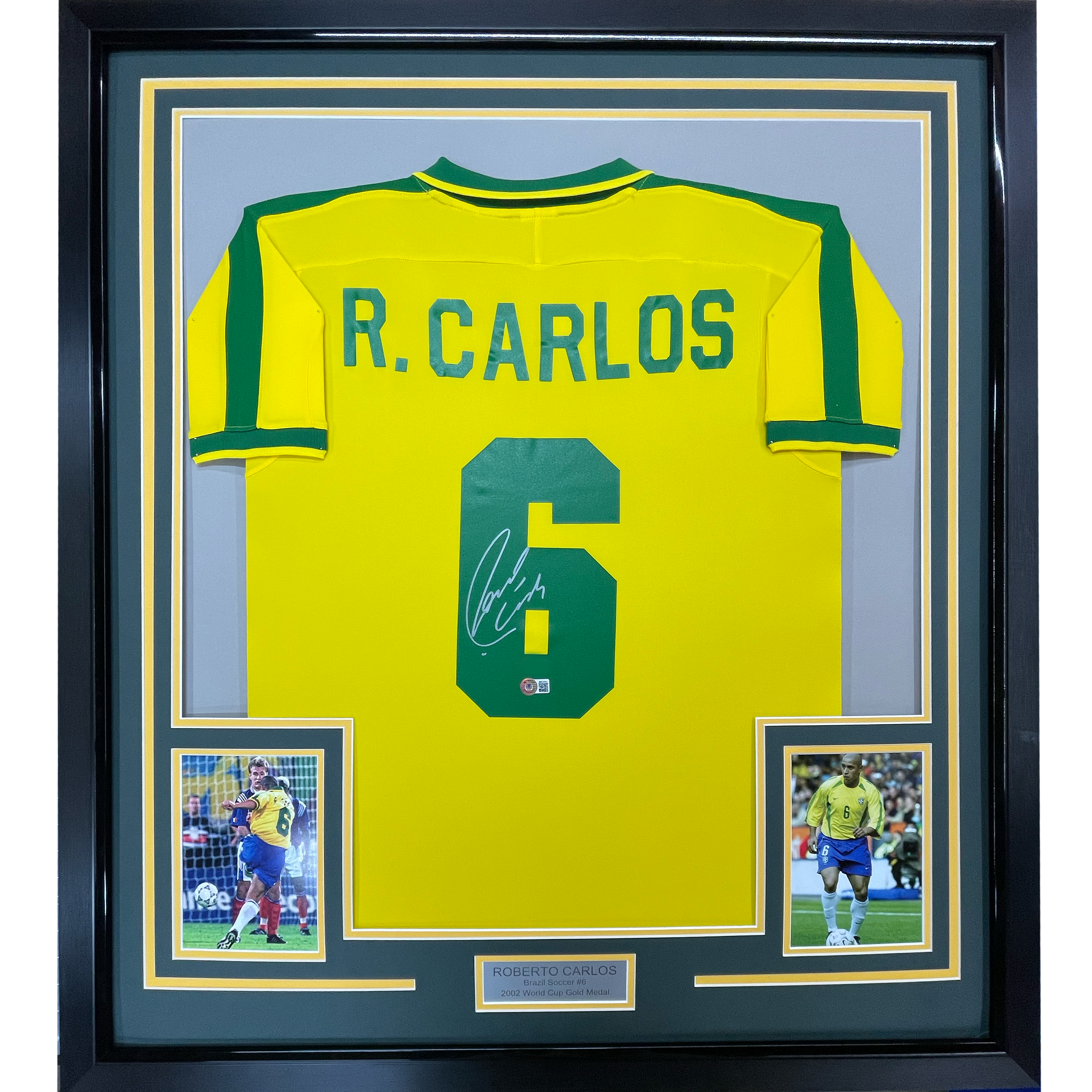 Framed Autographed/Signed Roberto Carlos Brazil 35x39 Yellow Retro Soccer Jersey Beckett BAS COA