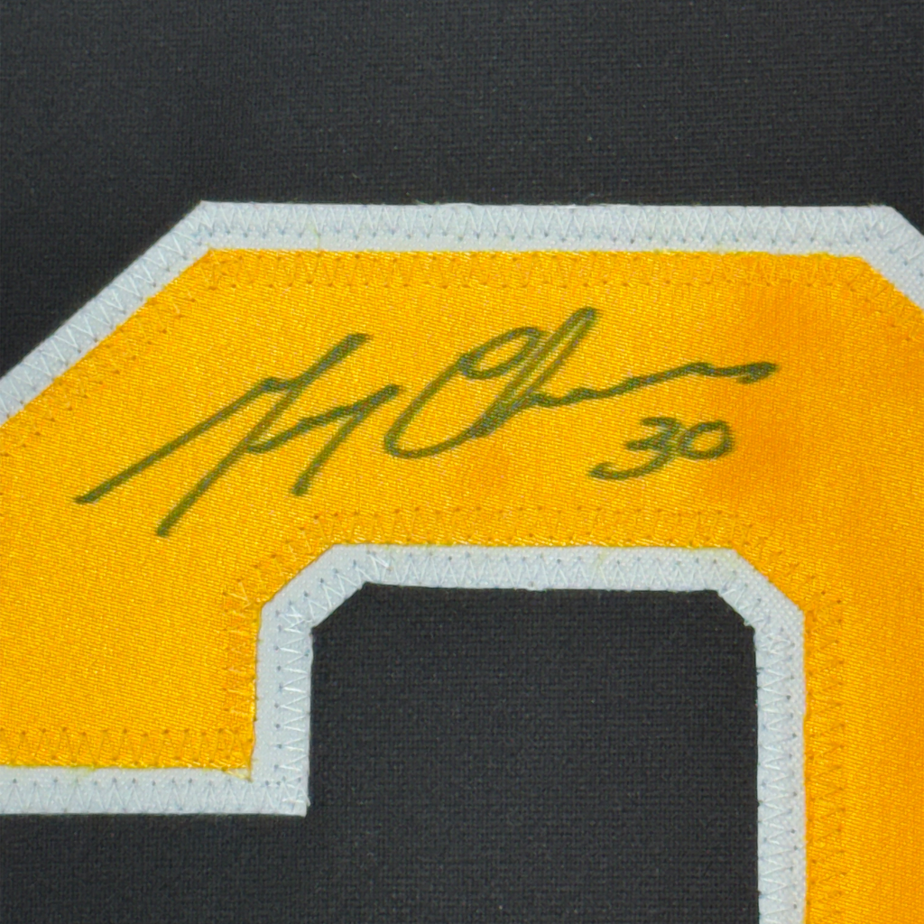 Framed Autographed/Signed Gerry Cheevers 35x39 Boston Black Hockey Jersey JSA COA