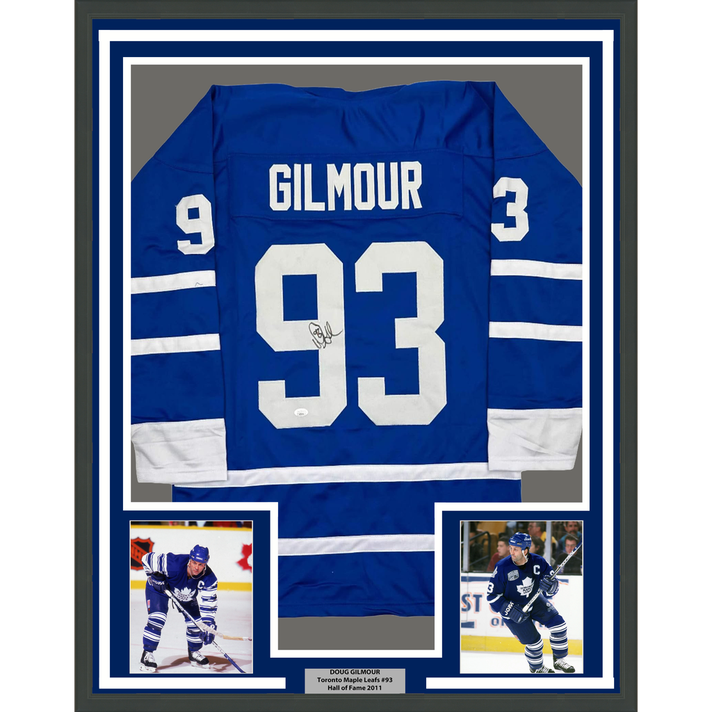 Framed Autographed/Signed Doug Gilmour 35x39 Toronto Blue Hockey Jersey JSA COA
