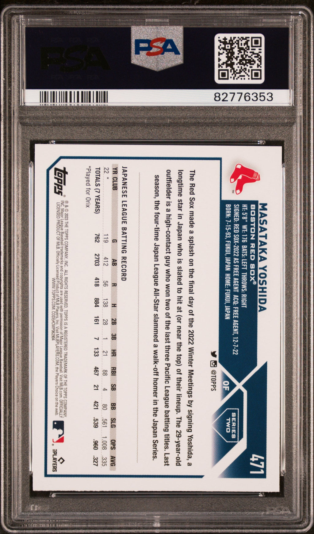Graded 2023 Topps Masataka Yoshida #471 Rookie RC Baseball Card PSA 10 Gem Mint