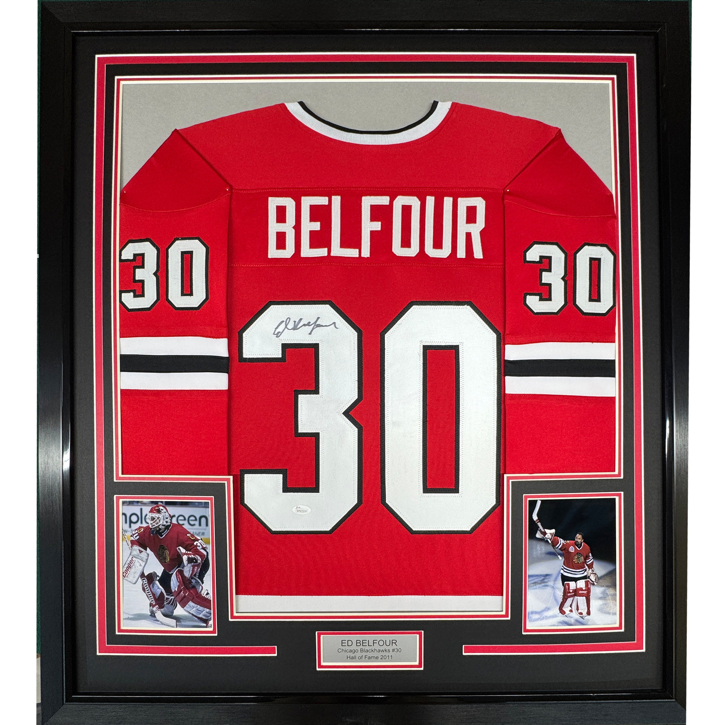 Framed Autographed/Signed Ed Belfour 35x39 Chicago Red Hockey Jersey JSA COA