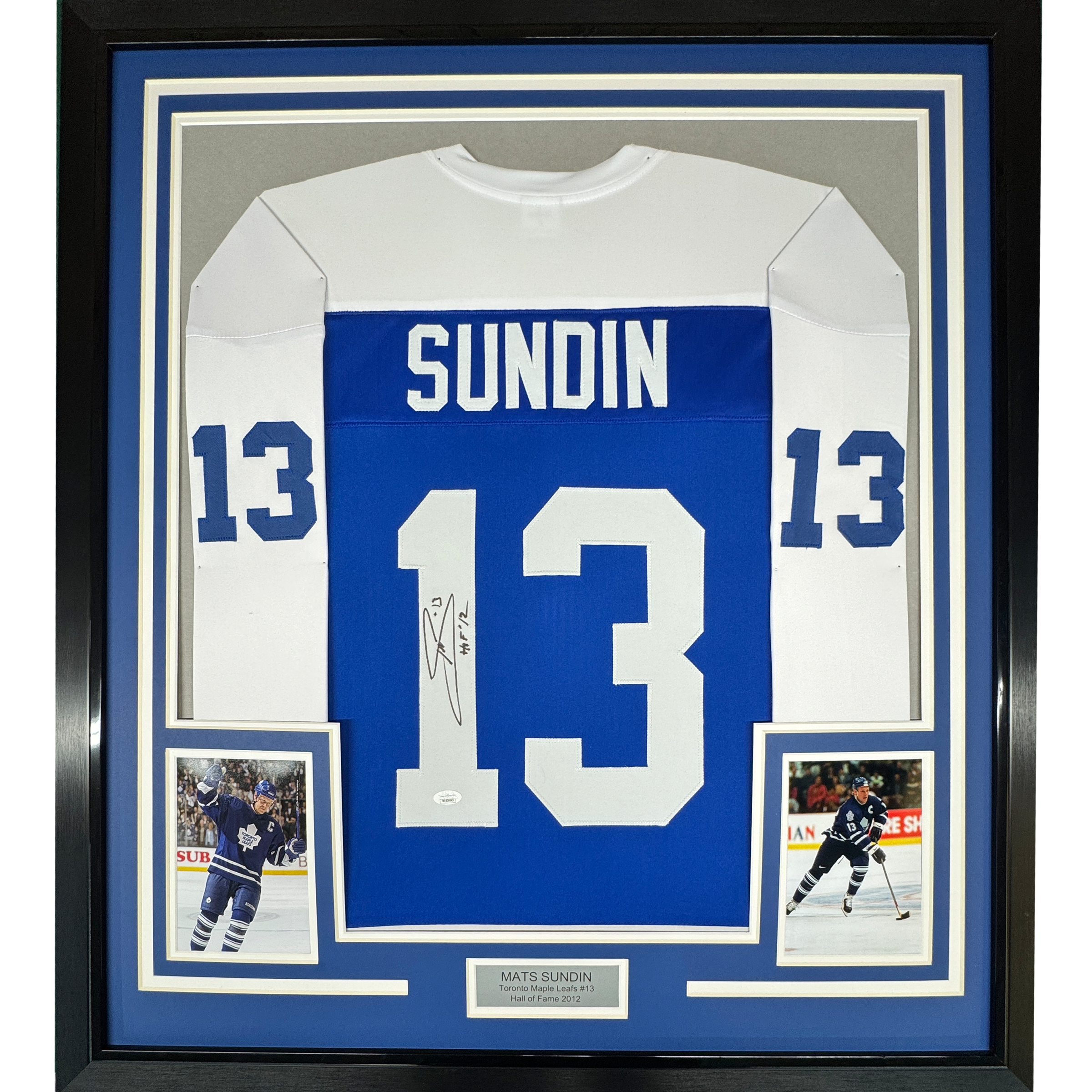 Framed Autographed/Signed Mats Sundin 35x39 HOF 12 Toronto Blue Hockey Jersey JSA COA