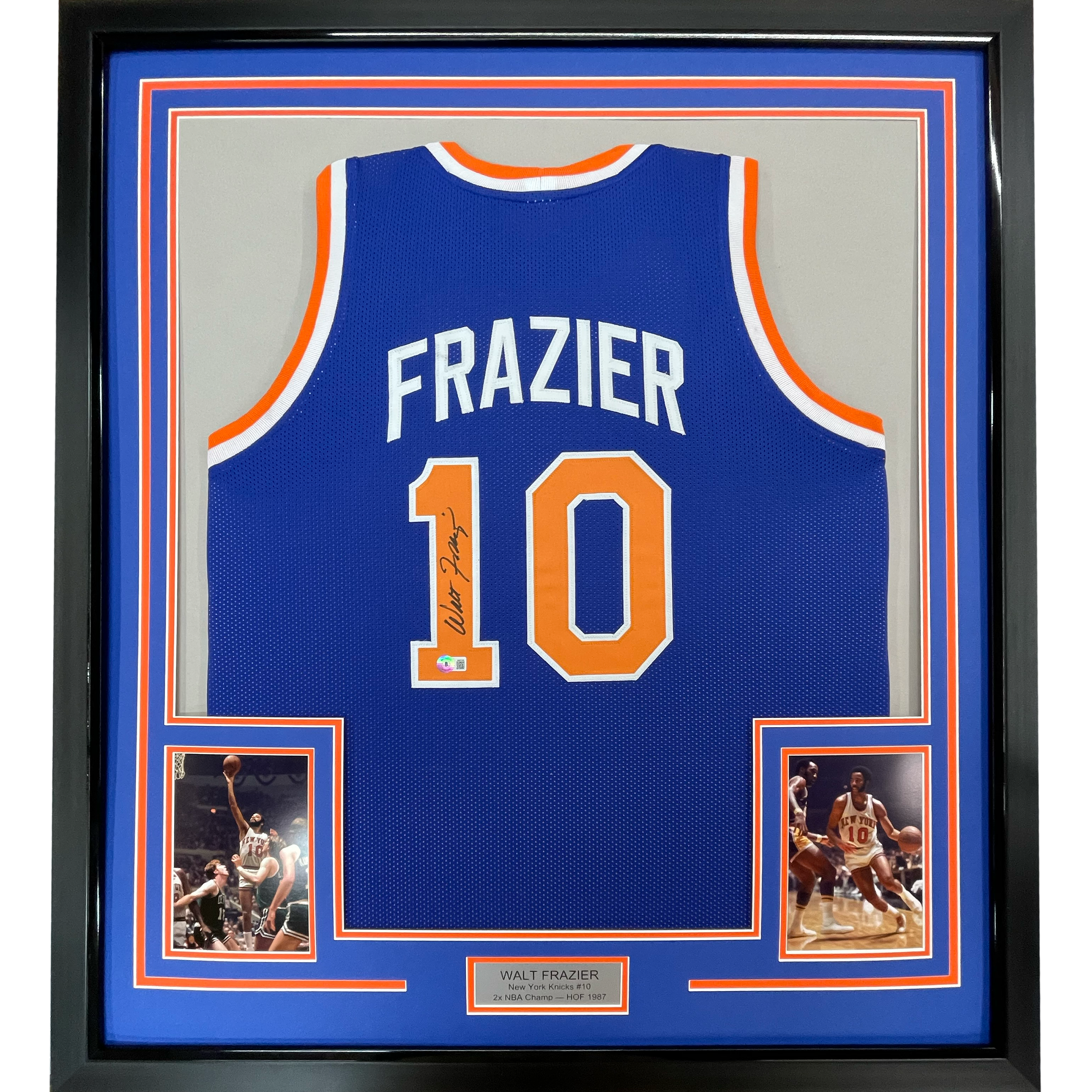 Framed Autographed/Signed Walt Frazier 35x39 New York Blue Basketball Jersey PSA/DNA COA
