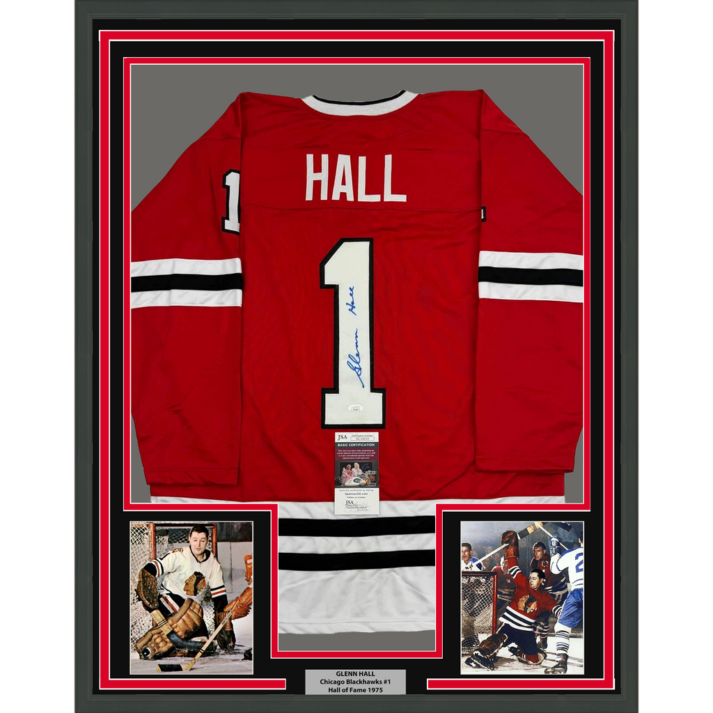 Framed Autographed/Signed Glenn Hall 35x39 Chicago Red Hockey Jersey JSA COA