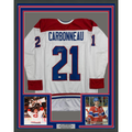 Framed Autographed/Signed Guy Carbonneau 35x39 Montreal White Hockey Jersey JSA COA
