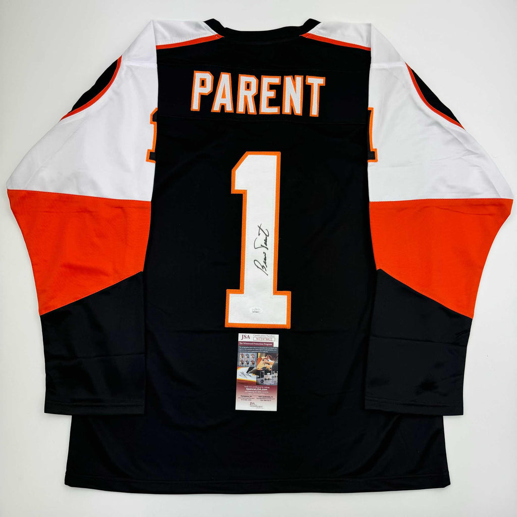 autographed-signed-bernie-parent-philadelphia-black-hockey-jersey-jsa-coa