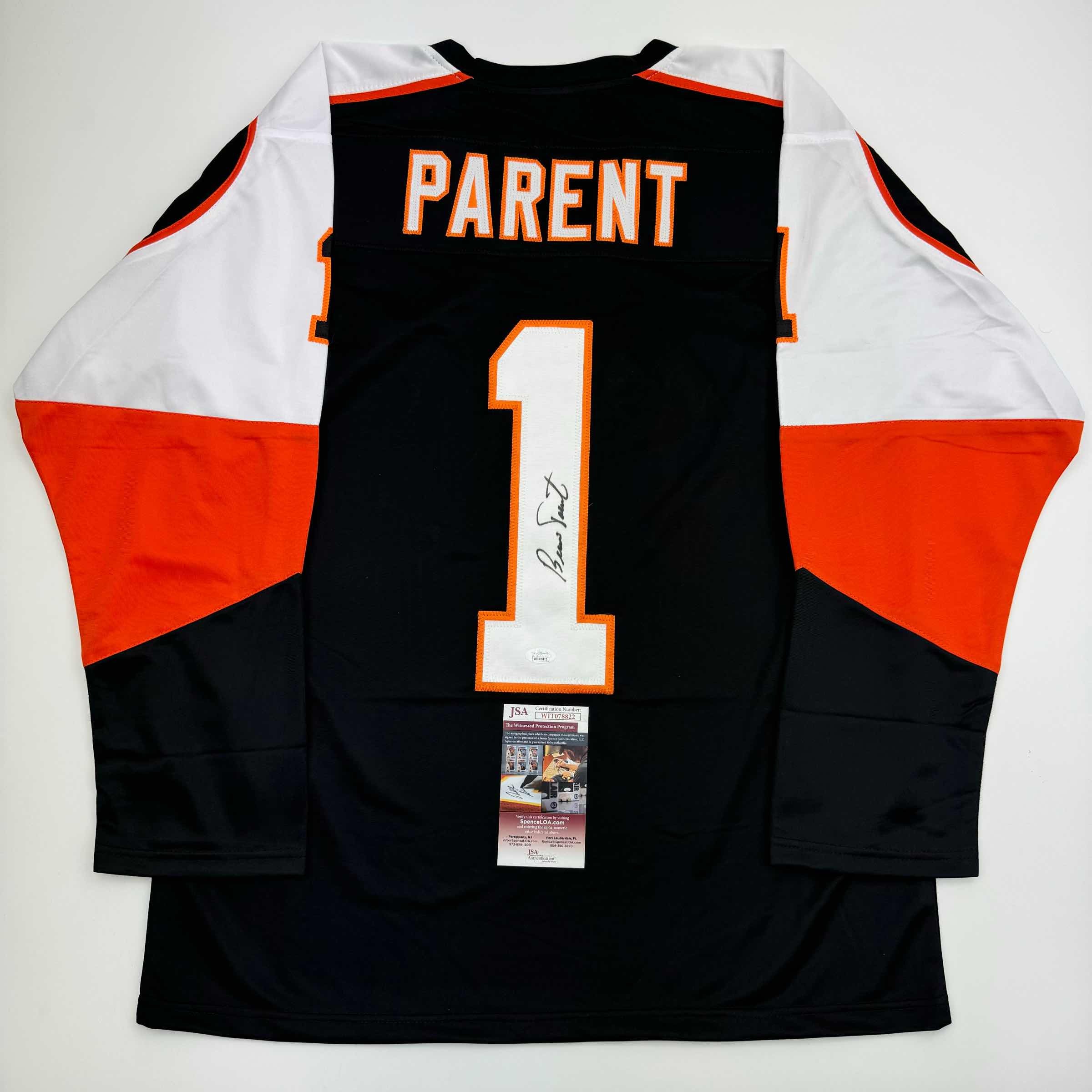 autographed-signed-bernie-parent-philadelphia-black-hockey-jersey-jsa-coa