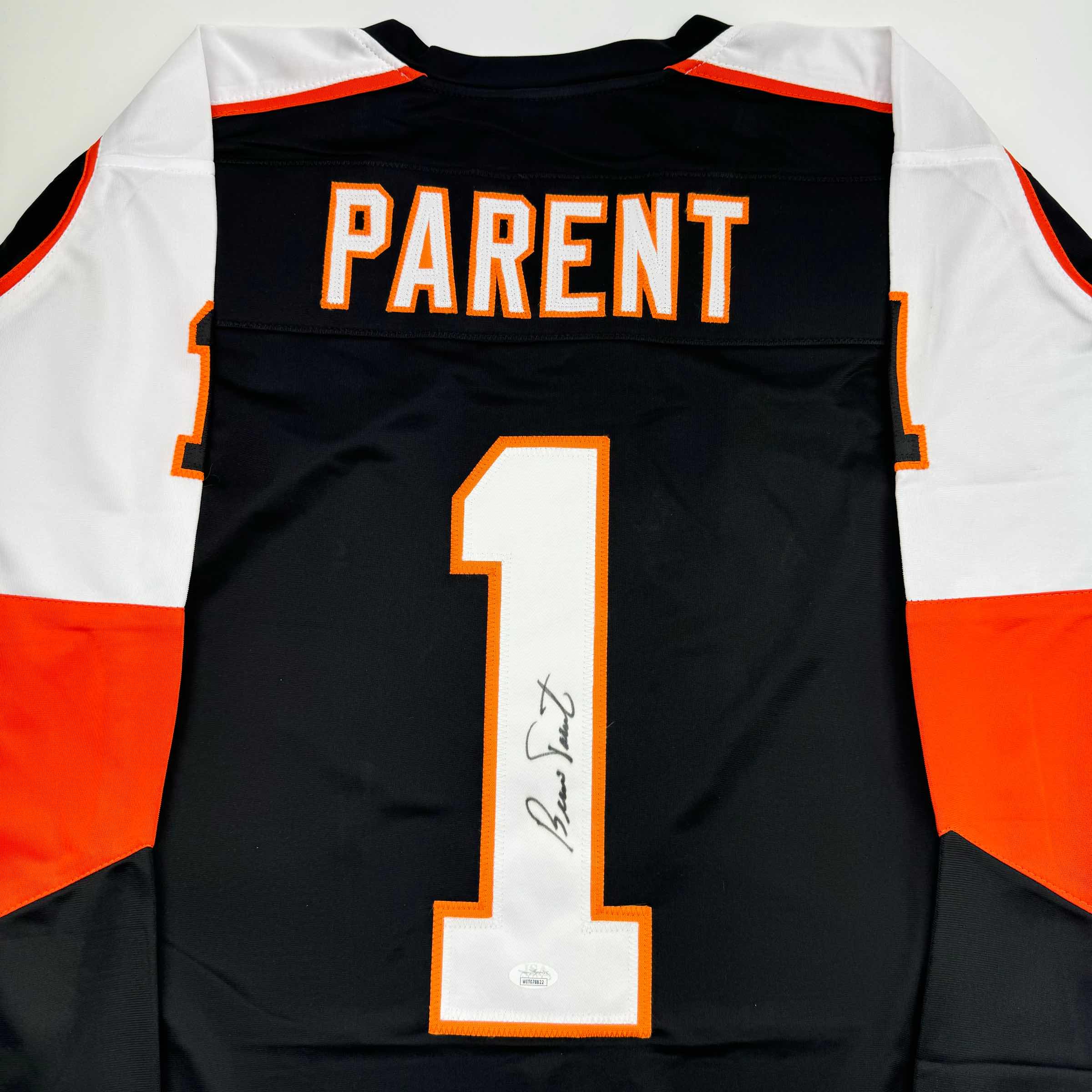 autographed-signed-bernie-parent-philadelphia-black-hockey-jersey-jsa-coa